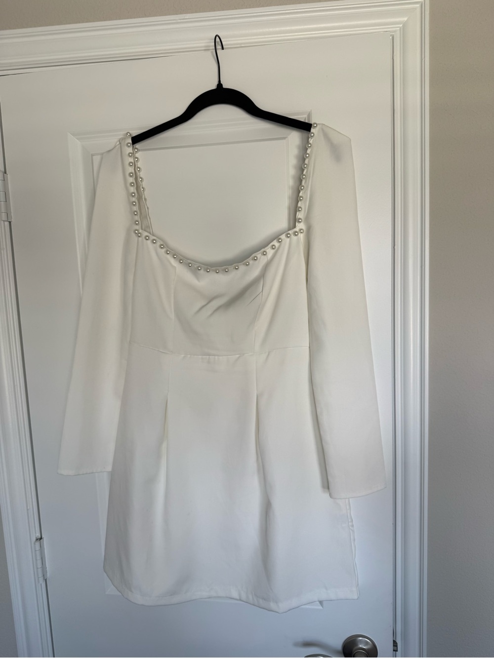 Elegant Long Sleeve White Pearl-Trim Dress